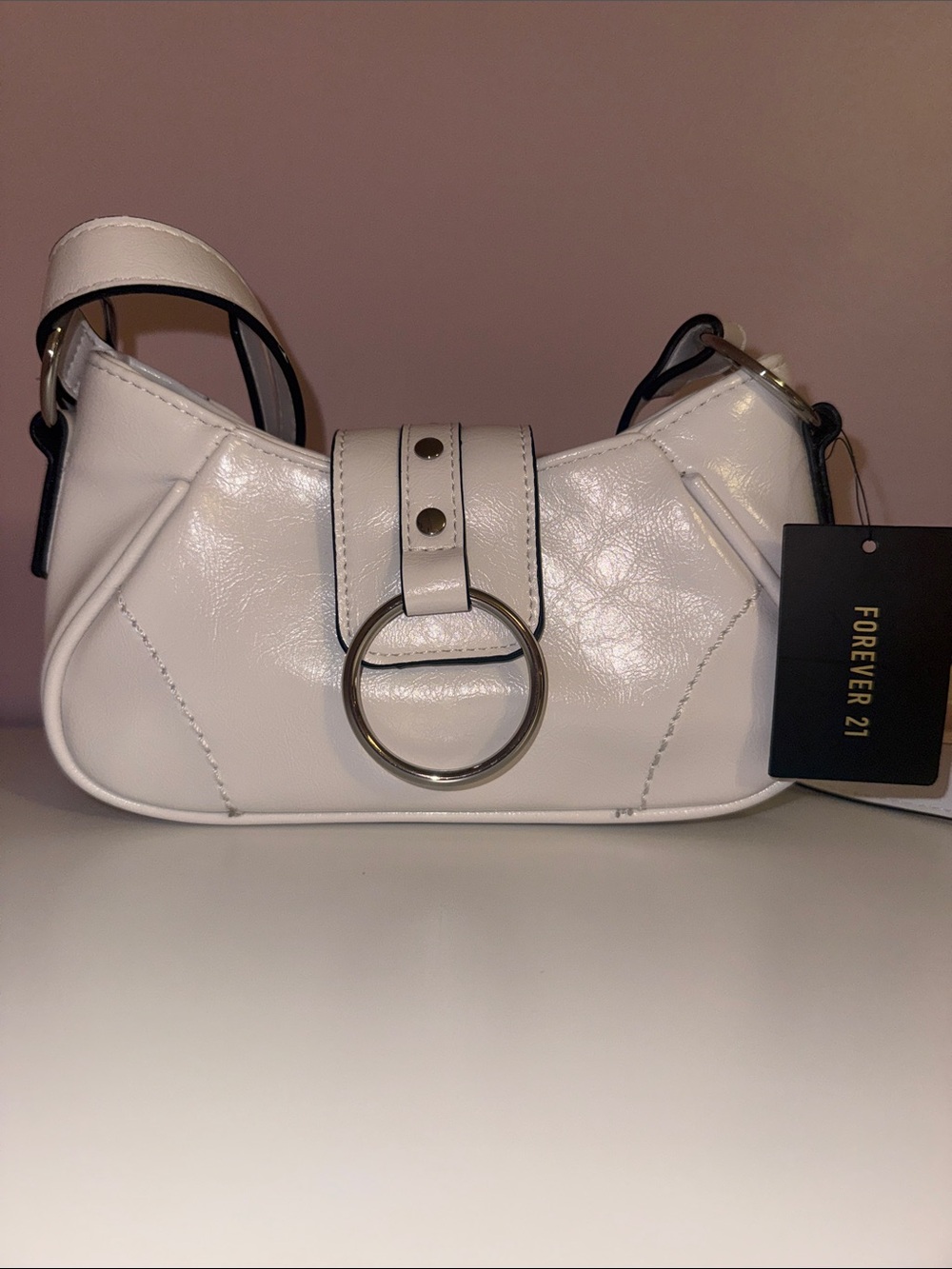 Forever 21 White Shoulder Crossbody Bag with Silver Ring Accent